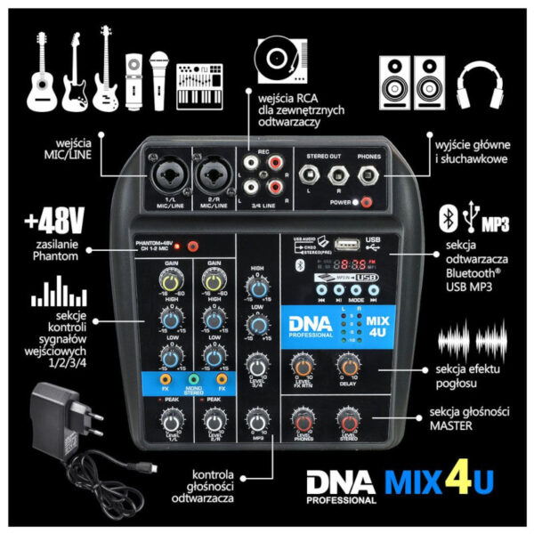 DNA MIX 4U mikser audio USB MP3 Bluetooth analogow - obrazek 7